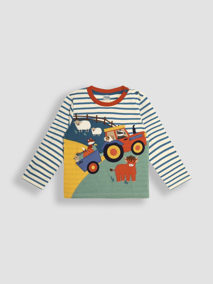Ecru Tractor Farm Long Sleeve Button Shoulder Striped Appliqué Top (B04178) | £13