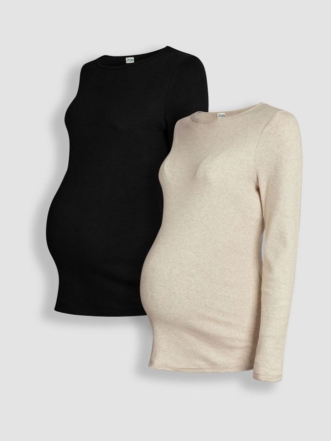 Oatmeal Cream & Black 2-Pack Ribbed Jersey Maternity Tops (B04930) | £36