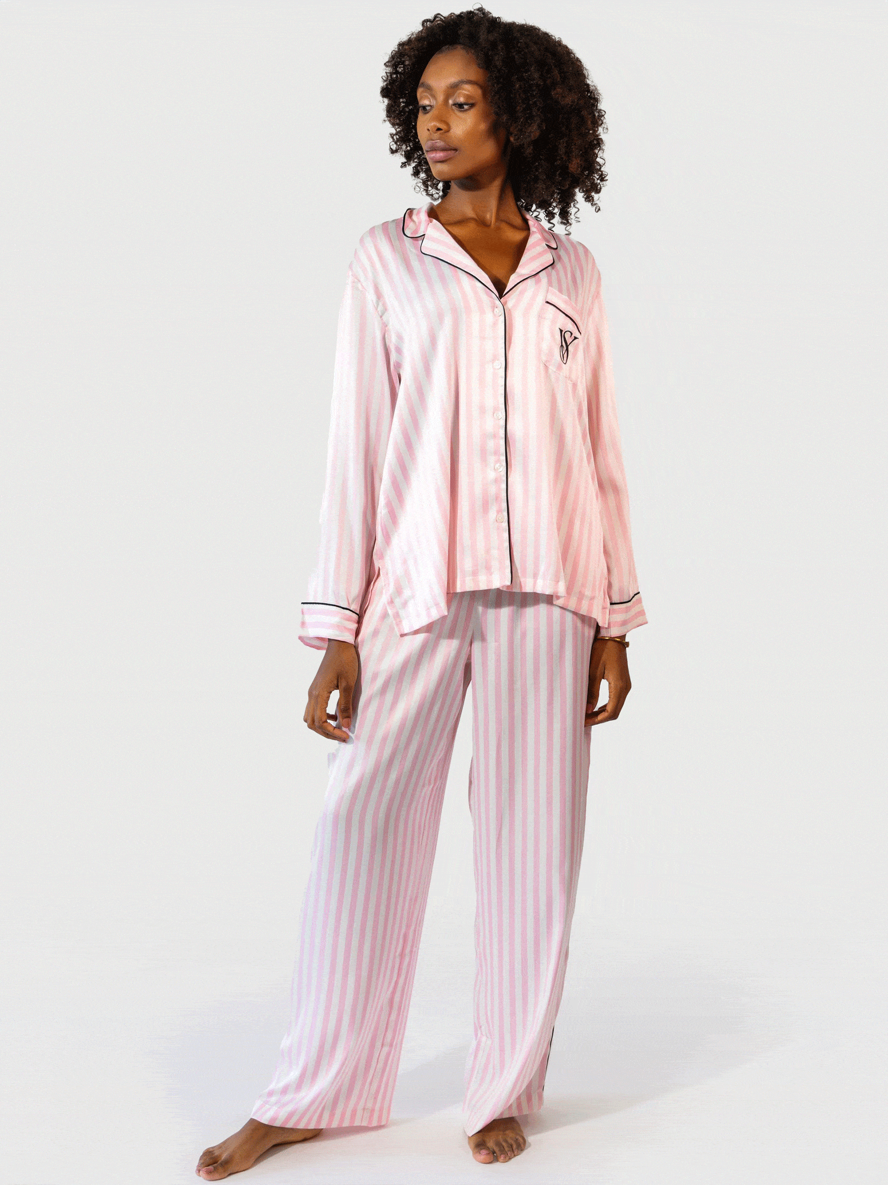 Pink Iconic Stripe Long Sleeve London Satin Pyjamas (B04944) | £69