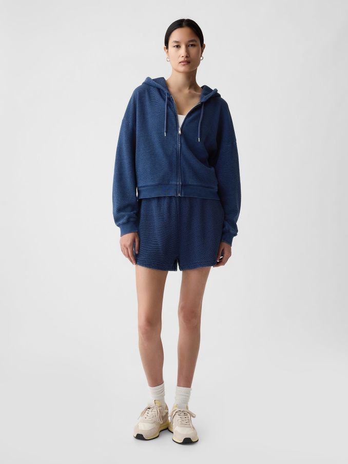 Blue Cotton Textured Zip Up Cropped Hoodie (B05809) | £18