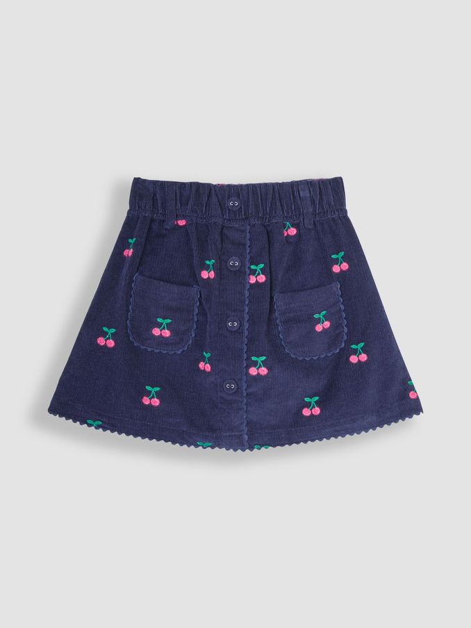 Navy Blue Cherry Embroidered Cord Skirt (B06898) | £12