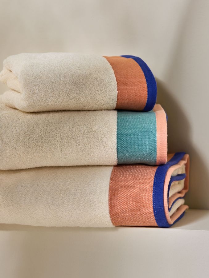 Dax Border 100% Cotton Towel in Peach and Blues (B07244) | £10 - £30
