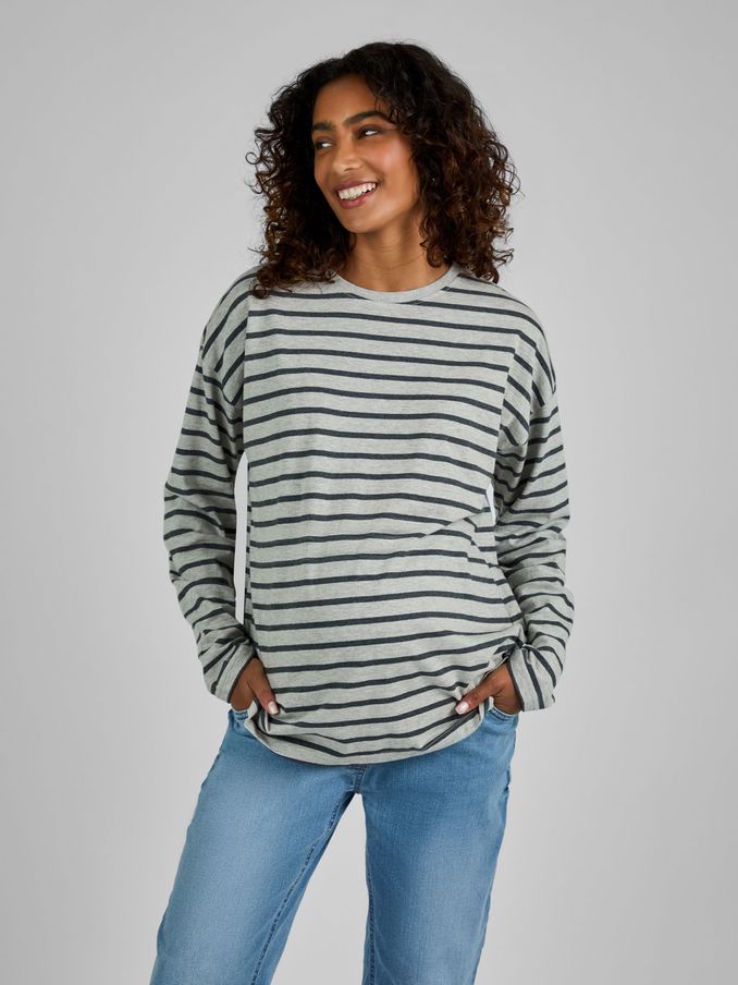 Grey Stripe Long Sleeve Boyfriend Maternity T-Shirt (B10561) | £19.50