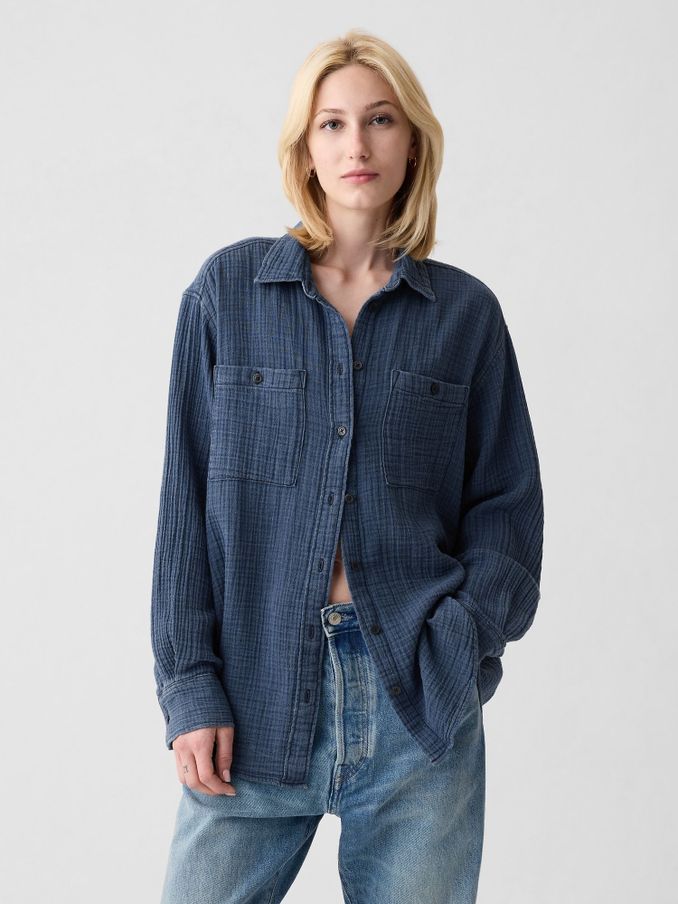 Blue Crinkle Cotton Long Sleeve Oversized Shirt (B12933) | £27