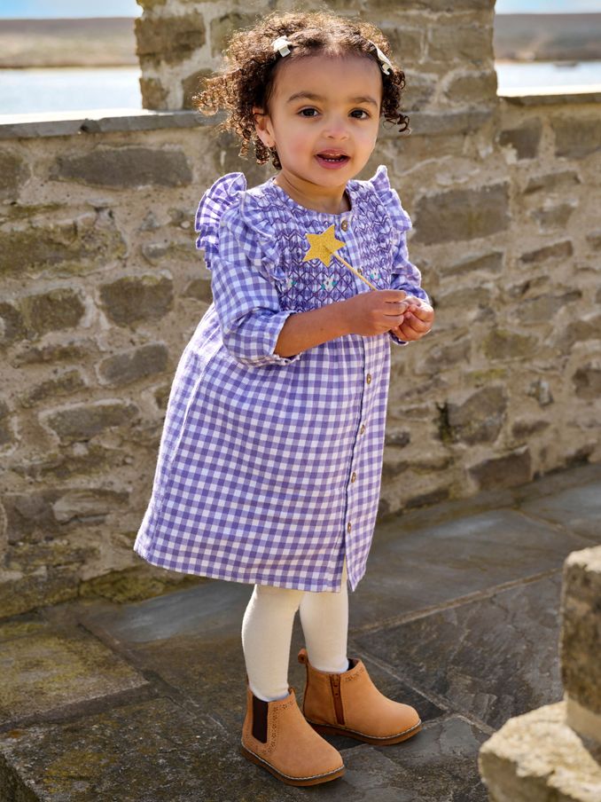 Lilac Purple Frill Shoulder Smocked Dress & Tights Set (B14590) | £29