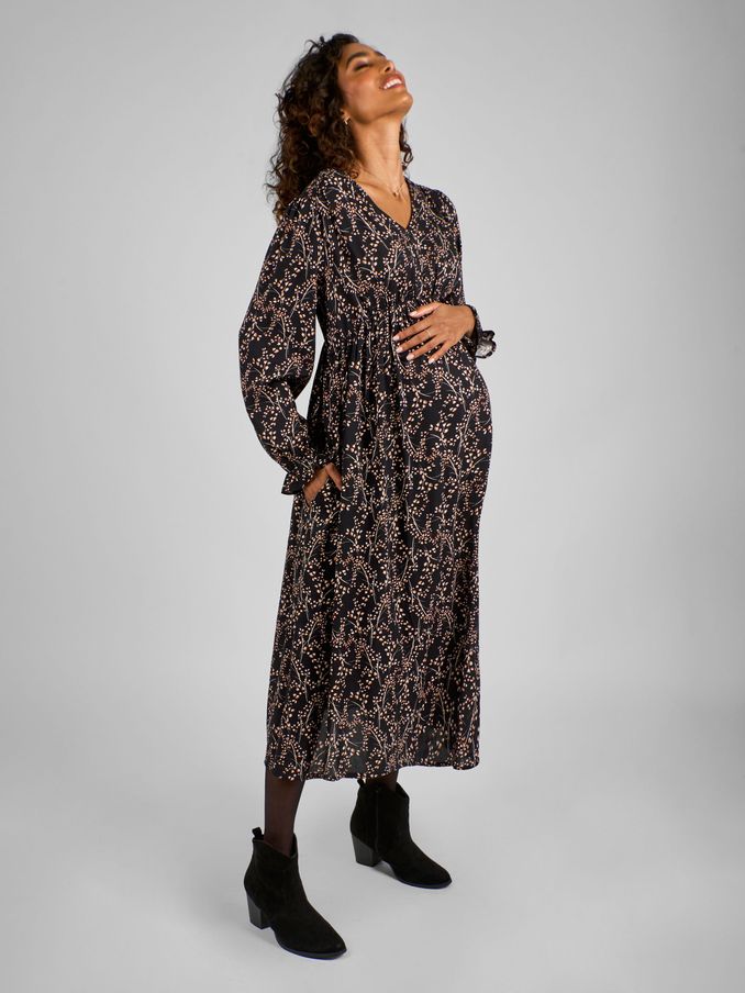 Black Floral V-Neck Maternity Midi Dress (B14629) | £49.50