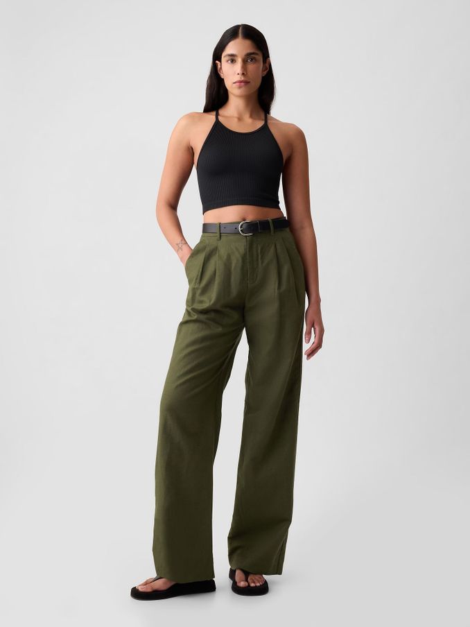 Khaki Green High Waisted Linen Cotton Trousers (B14829) | £36