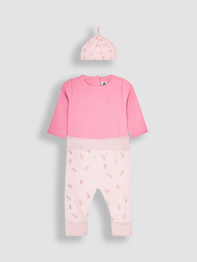 Pink 3-Piece Rib Body, Floral Trousers & Hat Set (B14923) | £11 - £16