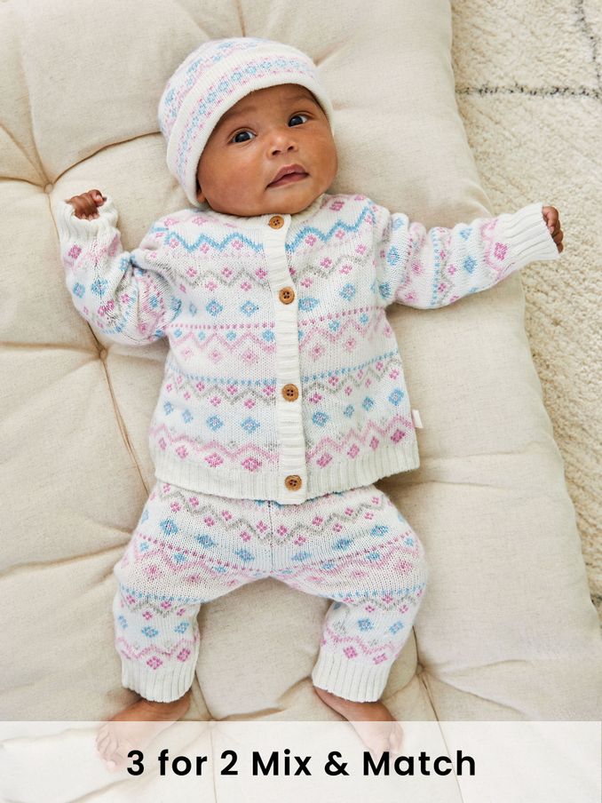 Cream 3 Piece Fair Isle Pattern Baby Knit Cardigan, Trousers & Hat Set (B15230) | £12