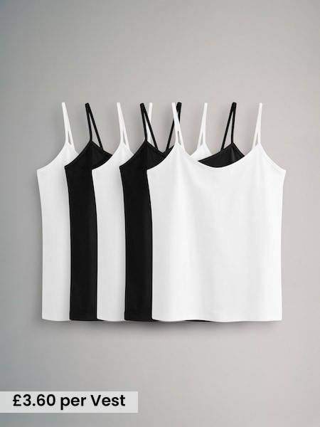 White/Black - 5 Pack Thin Strap Vest Tops (B15370) | £18