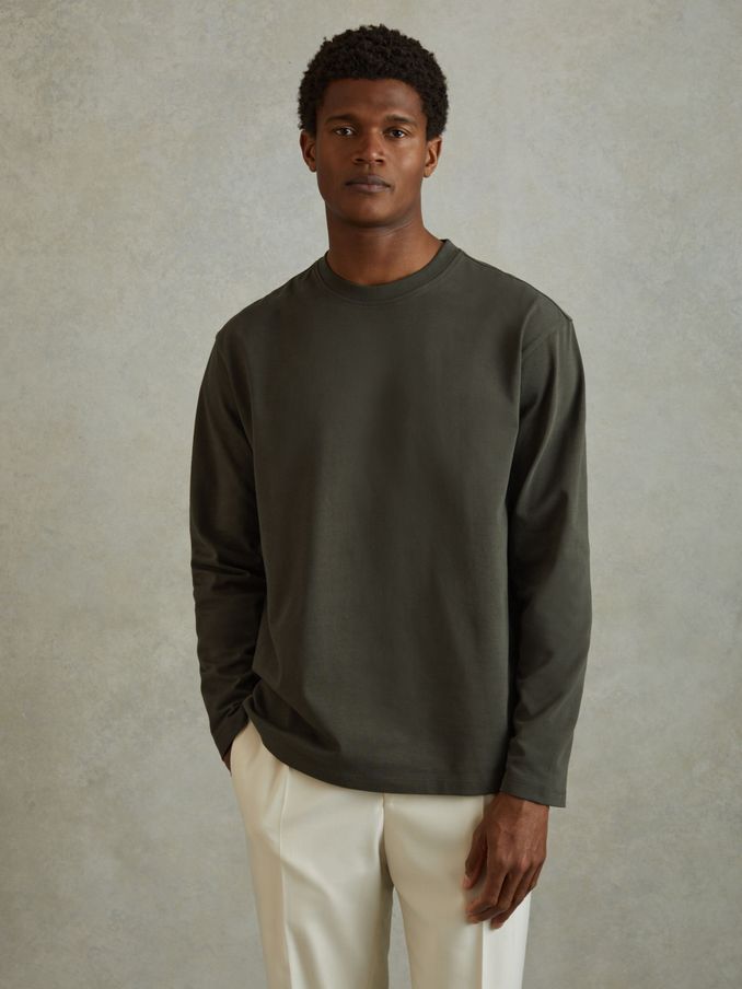 Cotton Crew Neck Long Sleeve T-Shirt in Khaki (B15419) | £38