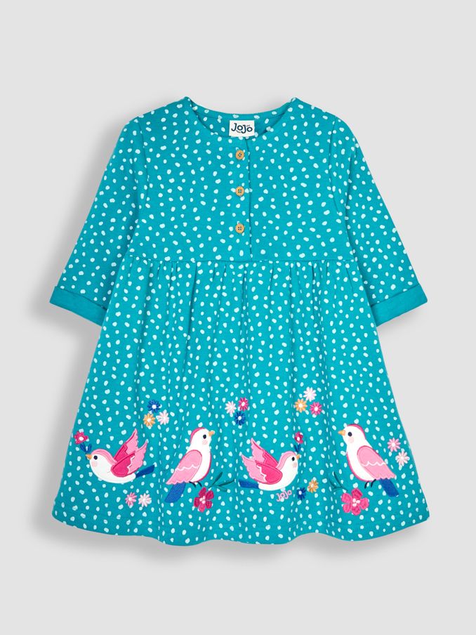 Green Bird Appliqué Button Front Dress (B15907) | £16