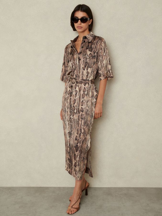 Snake Print Belted Midi Dress in Neutral (B16030) | £48