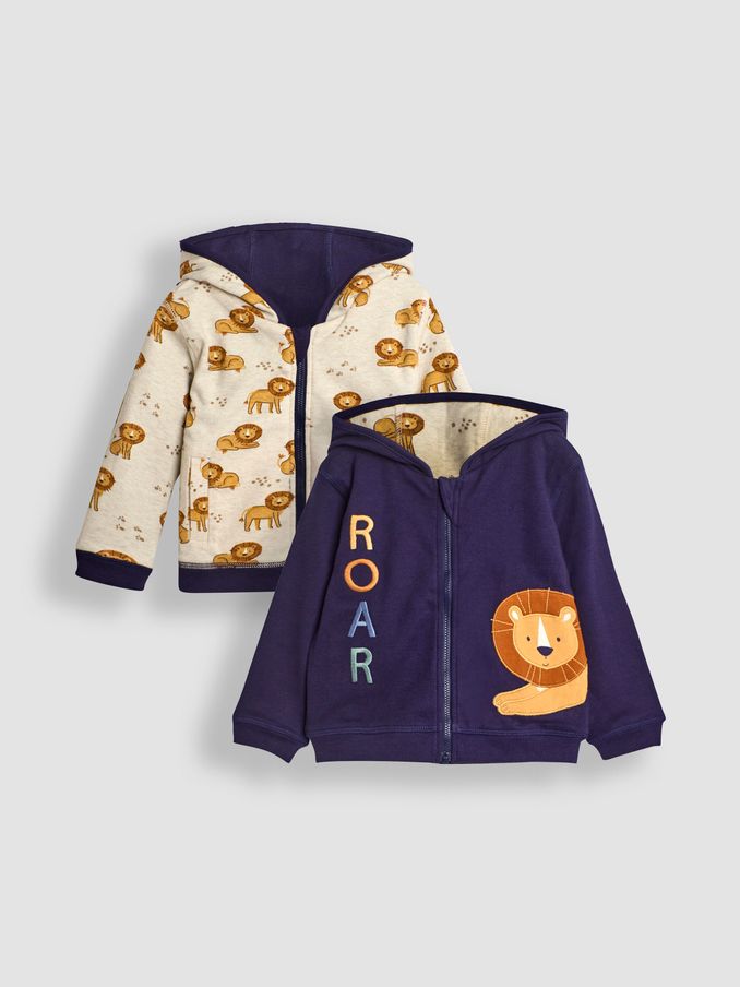 Navy Blue/Natural Lion Lion Appliqué Reversible Hoodie (B16325) | £11