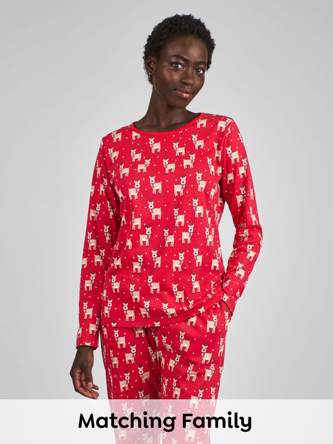 Red Womens Reindeer Print Pyjamas Set (B16901) | £15