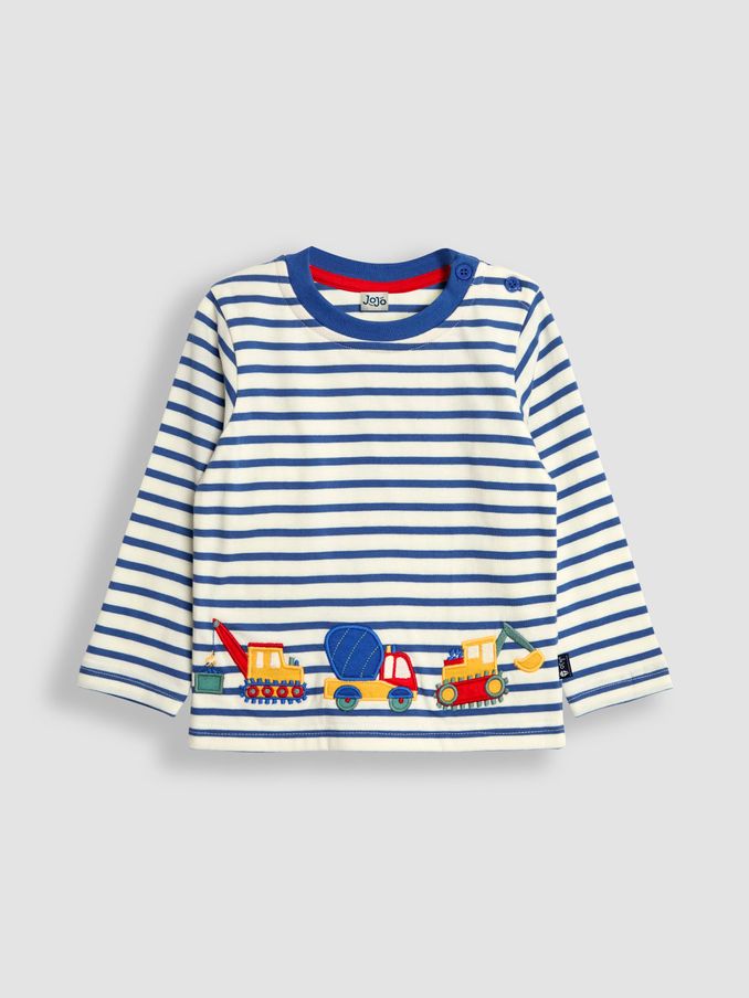 Ecru Blue Stripe Construction Appliqué Border Top (B16969) | £9