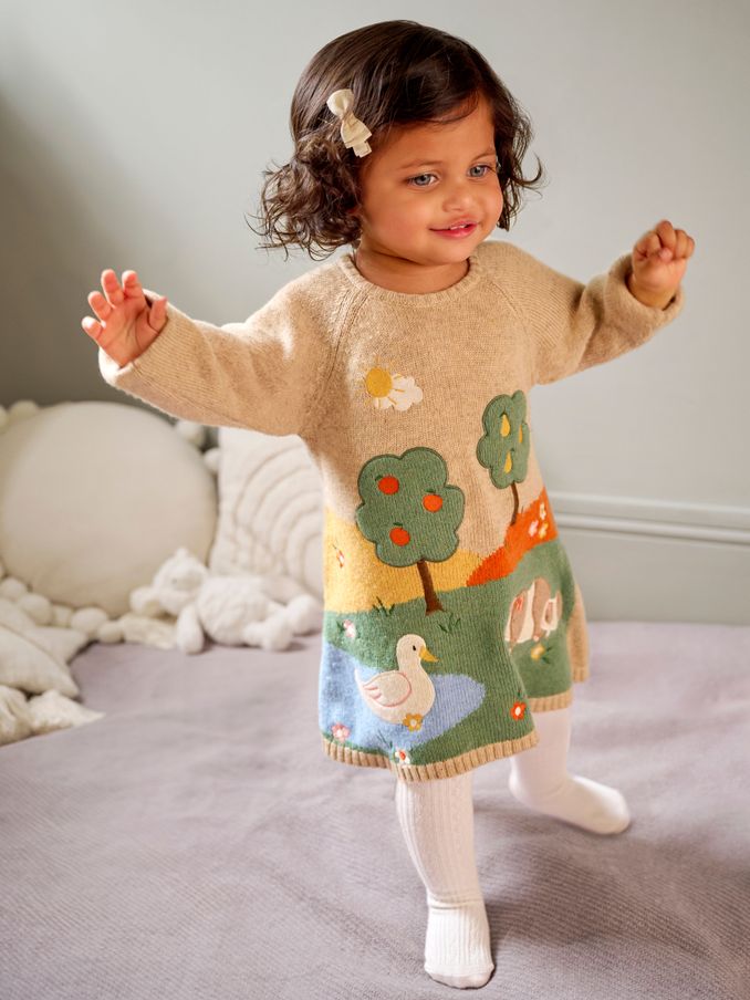 Neutral Duck & Guinea Pig Scene Knitted Dress (B17077) | £15
