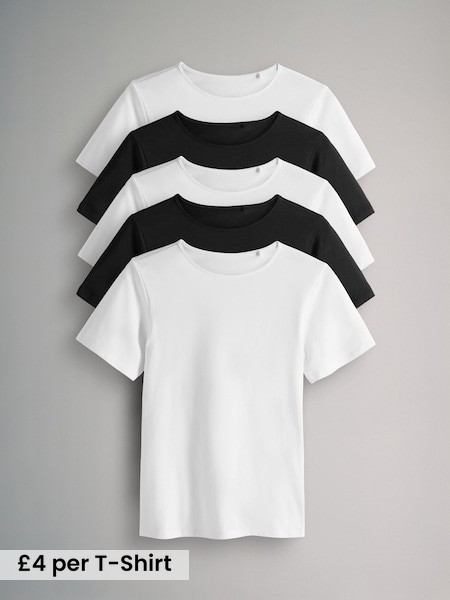 White/Black - 5 Pack Fitted Crew Neck T-Shirts (B20989) | £20