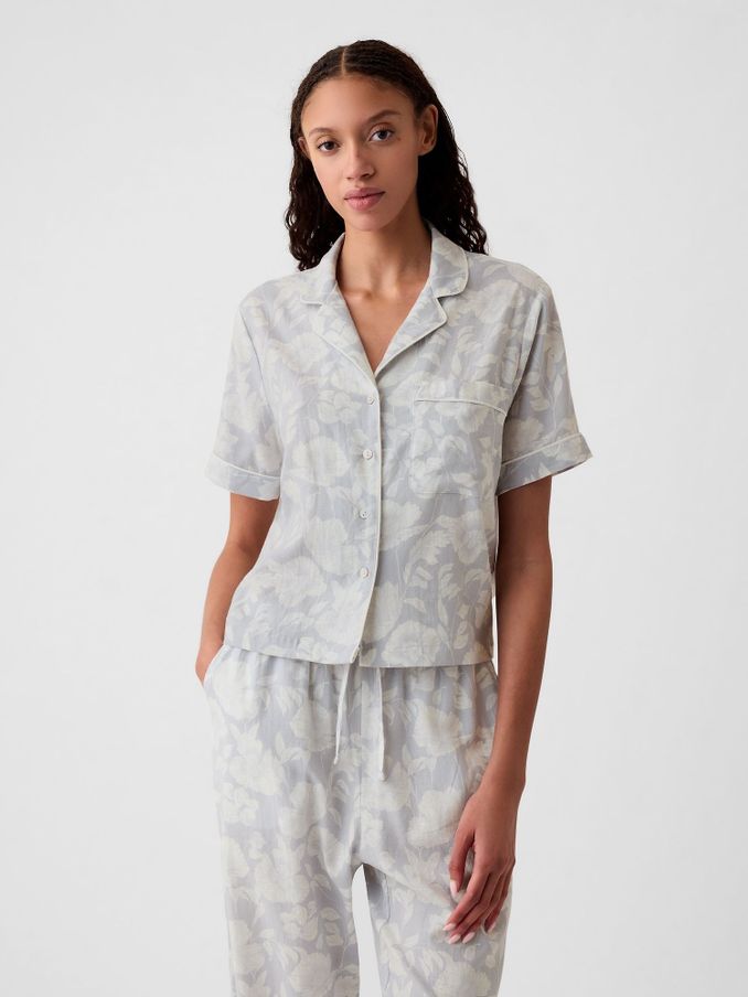 Grey Floral Linen-Blend Pyjama Shirt (B21119) | £15