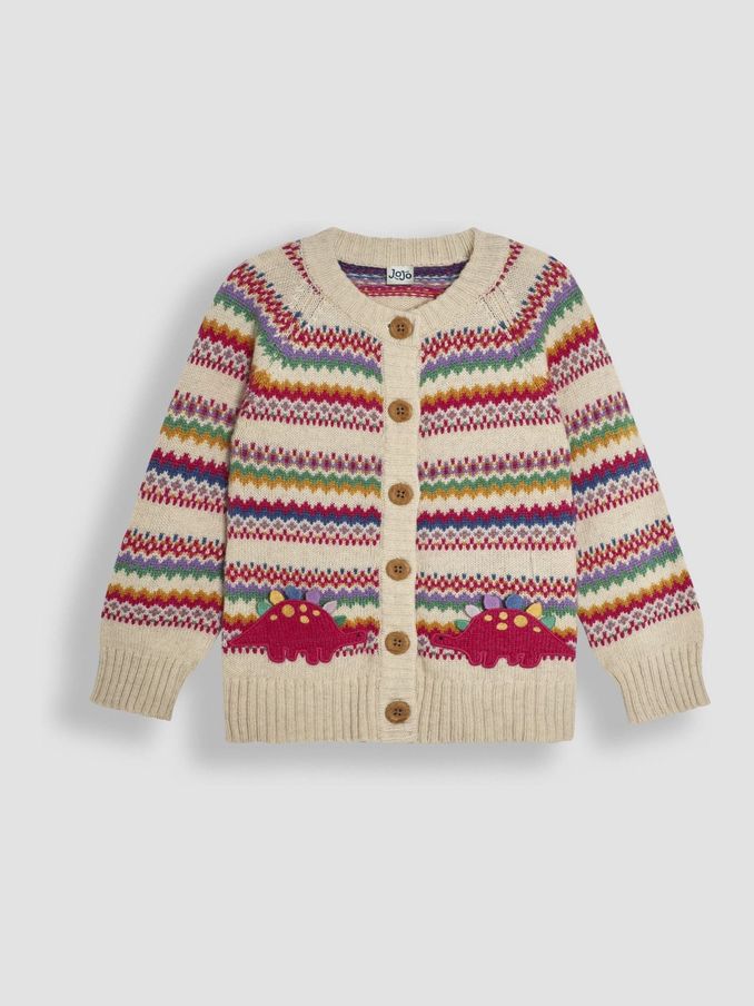 Cream Stripe Dino Knit Fairisle Pattern Cardigan (B21453) | £14