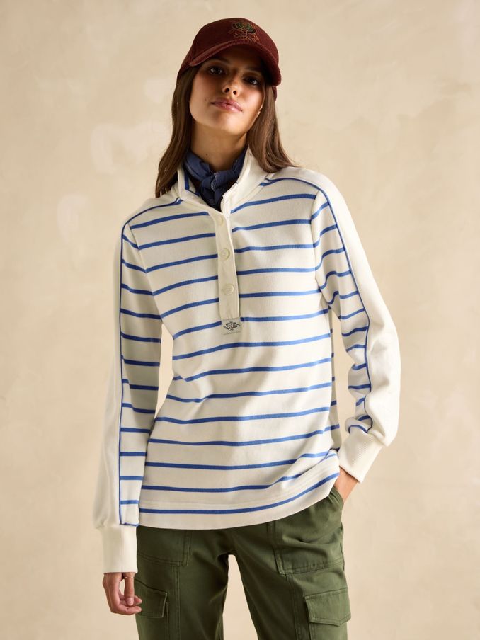 Southwold Cream/Blue Cotton Button Down Striped Sweatshirt (B22458) | £65