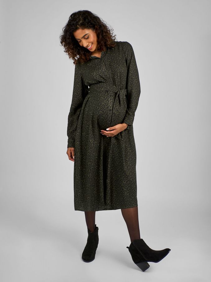 Khaki Green Animal Print Maternity Midi Shirt Dress (B22533) | £24