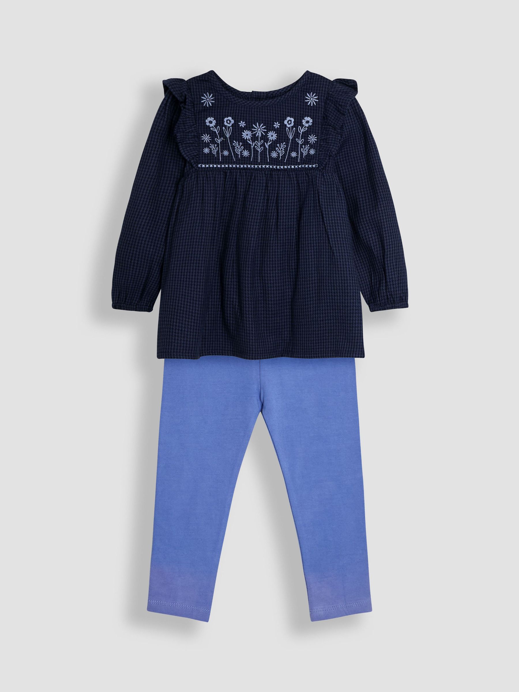 Navy Blue Houndstooth Floral Embroidered Frill Blouse and Leggings Set 2 Piece (B22772) | £28