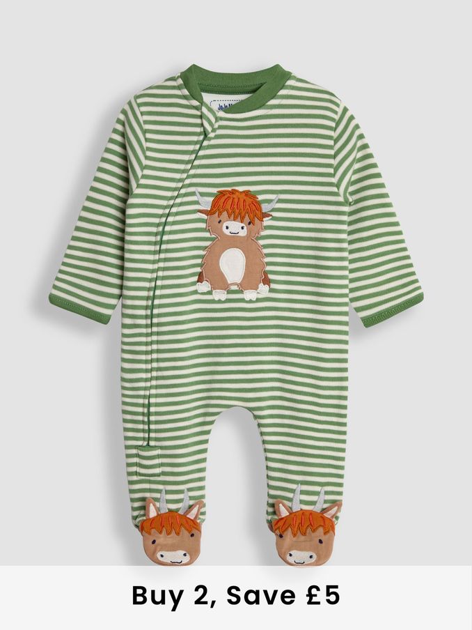 Green Highland Cow Applique Zip Sleepsuit (B24660) | £21
