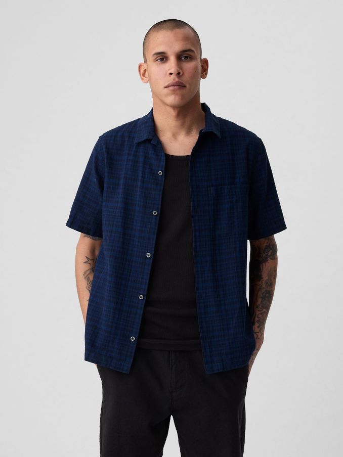 Navy Blue Linen Cotton Short Sleeve Shirt (B24768) | £16