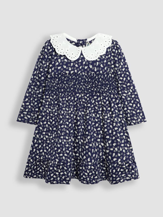 Navy Blue Floral Broderie Collar Dress (B25214) | £12