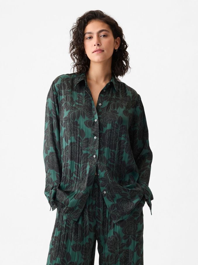 Green Pleated Satin Oversized Shirt (B25247) | £25