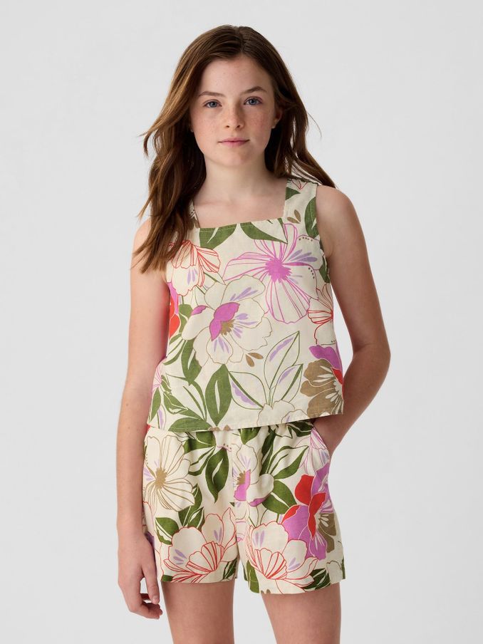 Natural Floral Linen Cotton Square Neck Tank Top (4-13yrs) (B25366) | £10