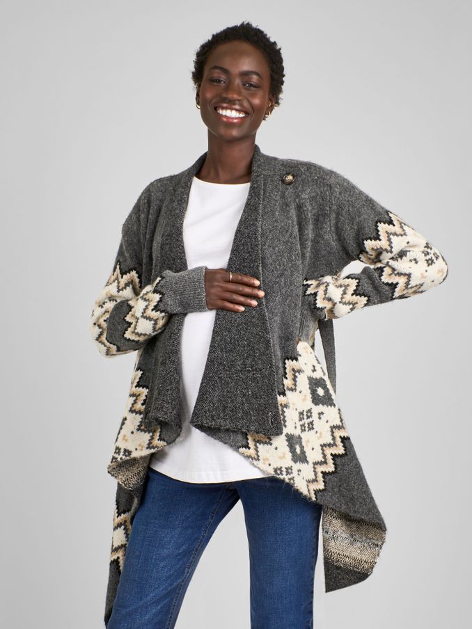 Charcoal Grey Maternity Drape Fair Isle Pattern Cardigan (B25840) | £19