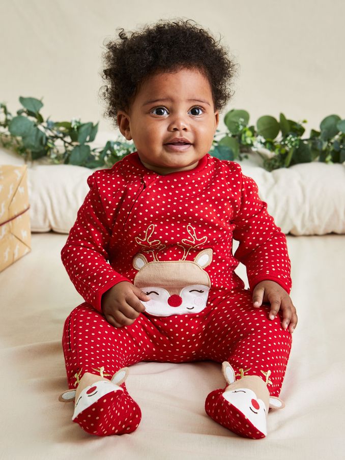 Red Reindeer Cotton Christmas Zip Appliqué Sleepsuit (B25873) | £9