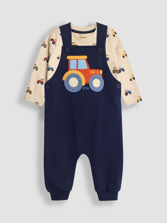 Navy Blue Tractor Appliqué Dungarees & Print Top Set (B26576) | £16
