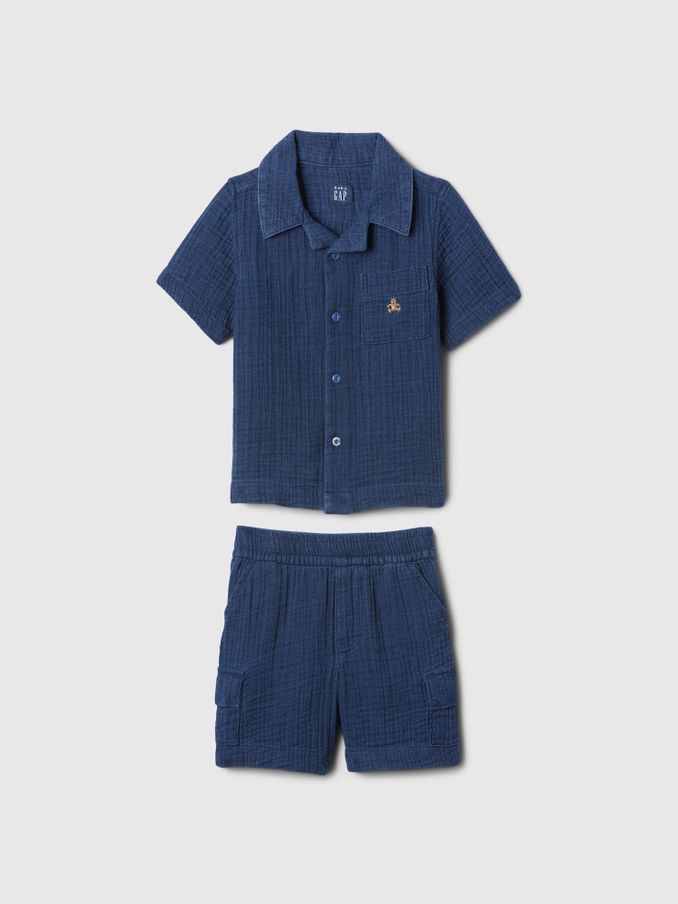 Blue Crinkle Cotton Brannan Bear Shirt and Shorts Set (6mths-5yrs) (B27001) | £21