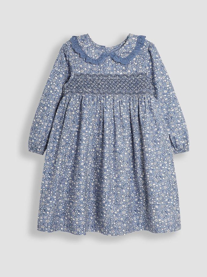 Denim Ditsy Floral Broderie Collar Smocked Dress (B27046) | £18