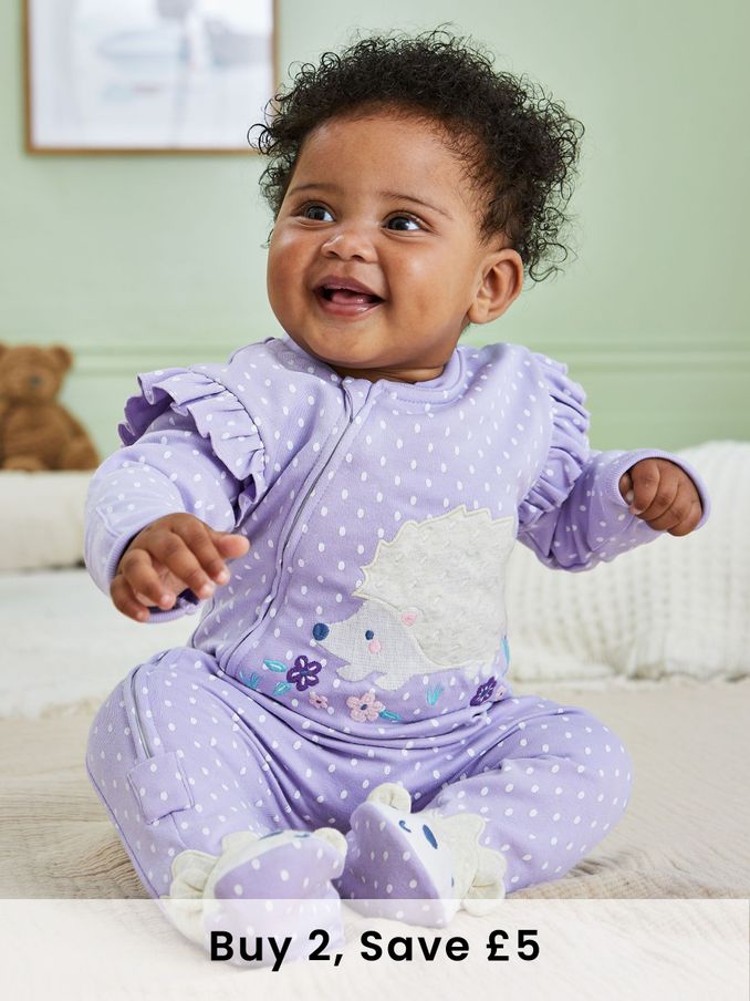 Lilac Hedgehog Applique Zip Sleepsuit (B27261) | £21