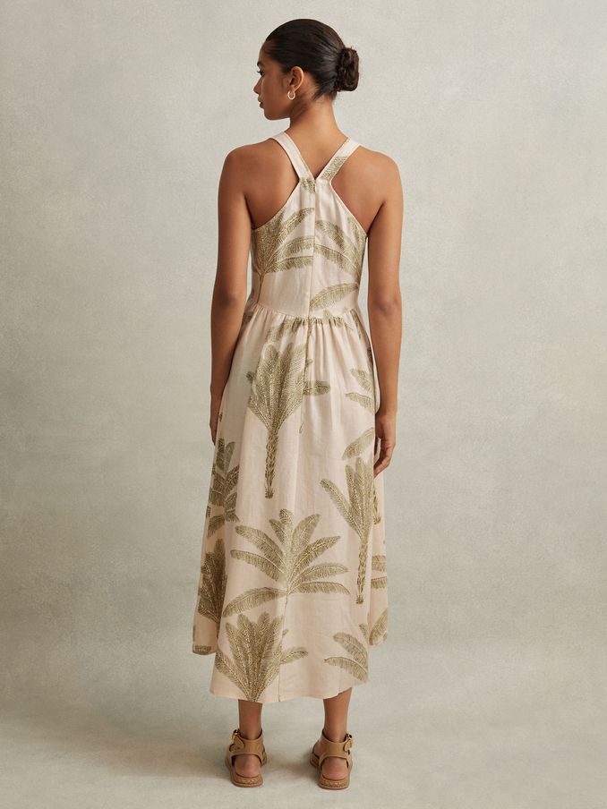 Petite 100% Linen Tropical Print Midi Dress in Neutral/Green (B28051) | £79