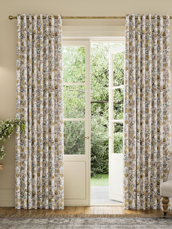 Indienne Floral Set of 2 Yellow Blackout Eyelet Curtains (B28056) | £105 - £190