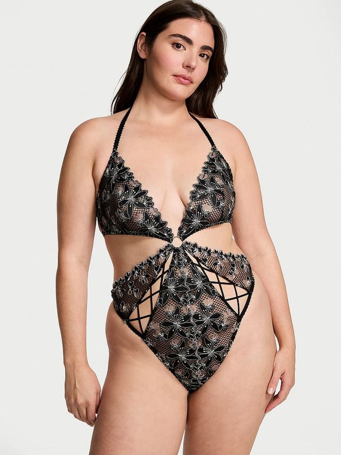 Black Ziggy Glam Embroidery Cutout Crotchless Bodysuit (B29640) | £42