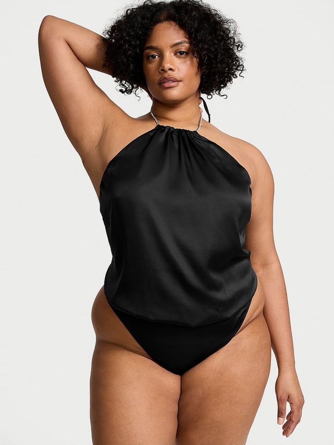 Black Twinkle Strap Satin Bodysuit (B30121) | £69