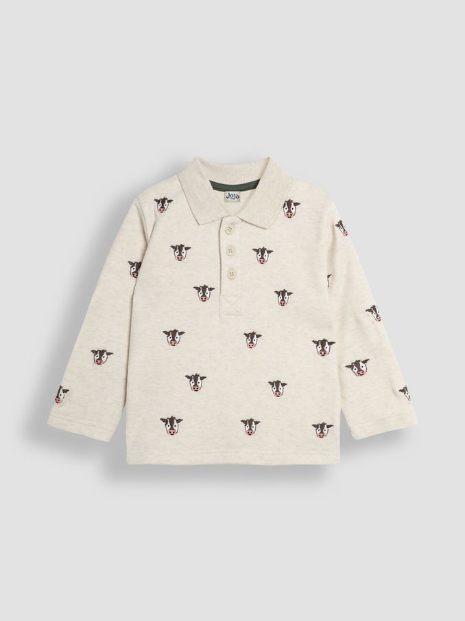 Natural Friesian Cow Long Sleeve Embroidered Polo Shirt (B30258) | £7