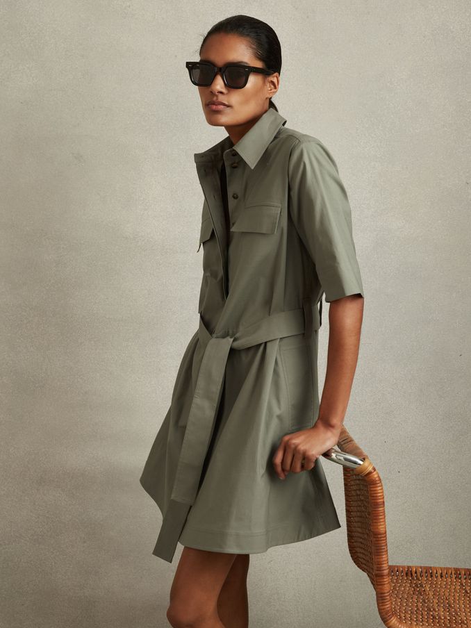 Pleated Belted Mini Dress in Khaki (B30298) | £138