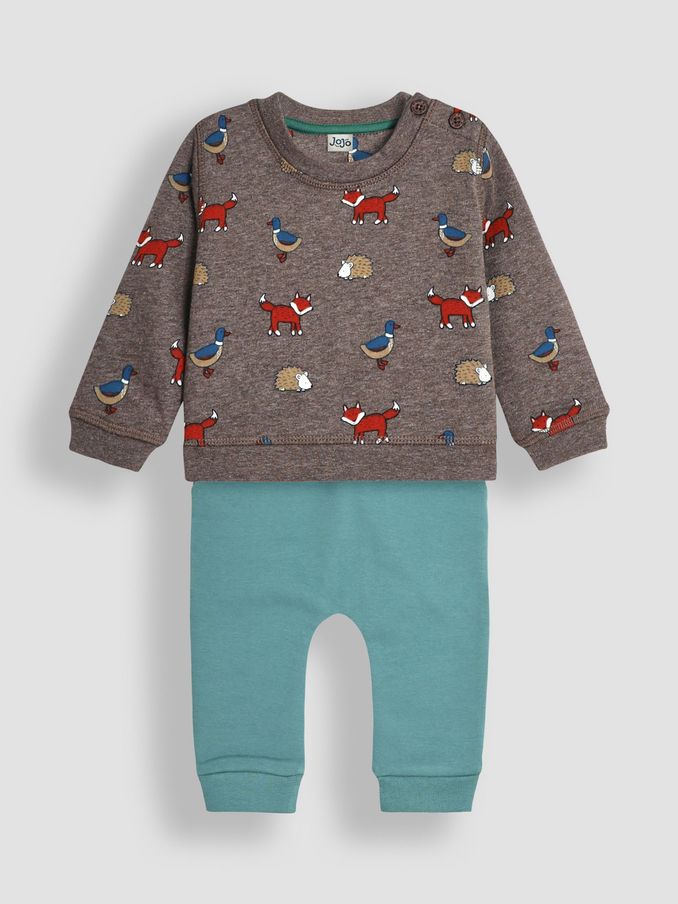 Mocha Brown Woodland Friends Print Sweatshirt & Joggers Set (B30476) | £14