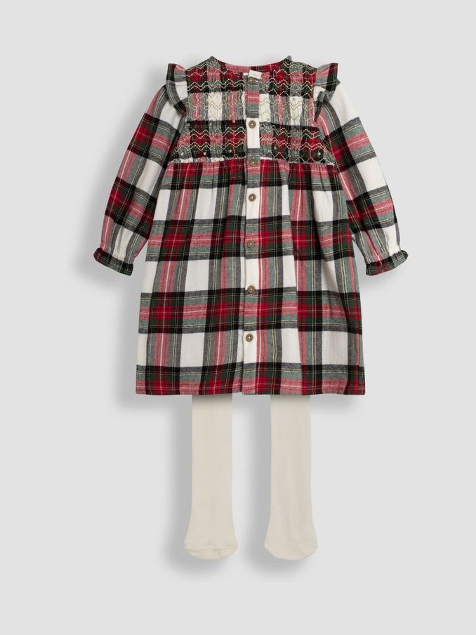 Red Tartan Smocked Dress And Tights Set (B33025) | £19