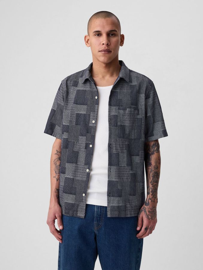 Blue Cotton Patchwork Short Sleeve Resort Shirt (B33596) | £12