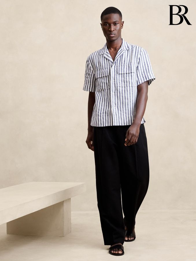 Banana Republic Blue & White 100% Linen Lightweight Striped Resort Shirt (B34458) | £70