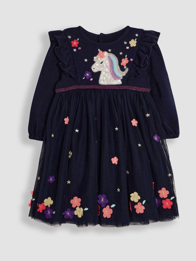 Navy Blue Unicorn Appliqué Tulle Party Dress (B34579) | £27 - £31