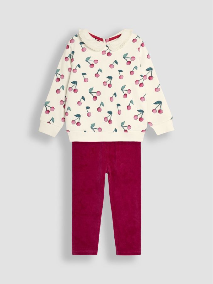 Cream Cherry Print Sweatshirt & Cord Jeggings Set (B34613) | £11